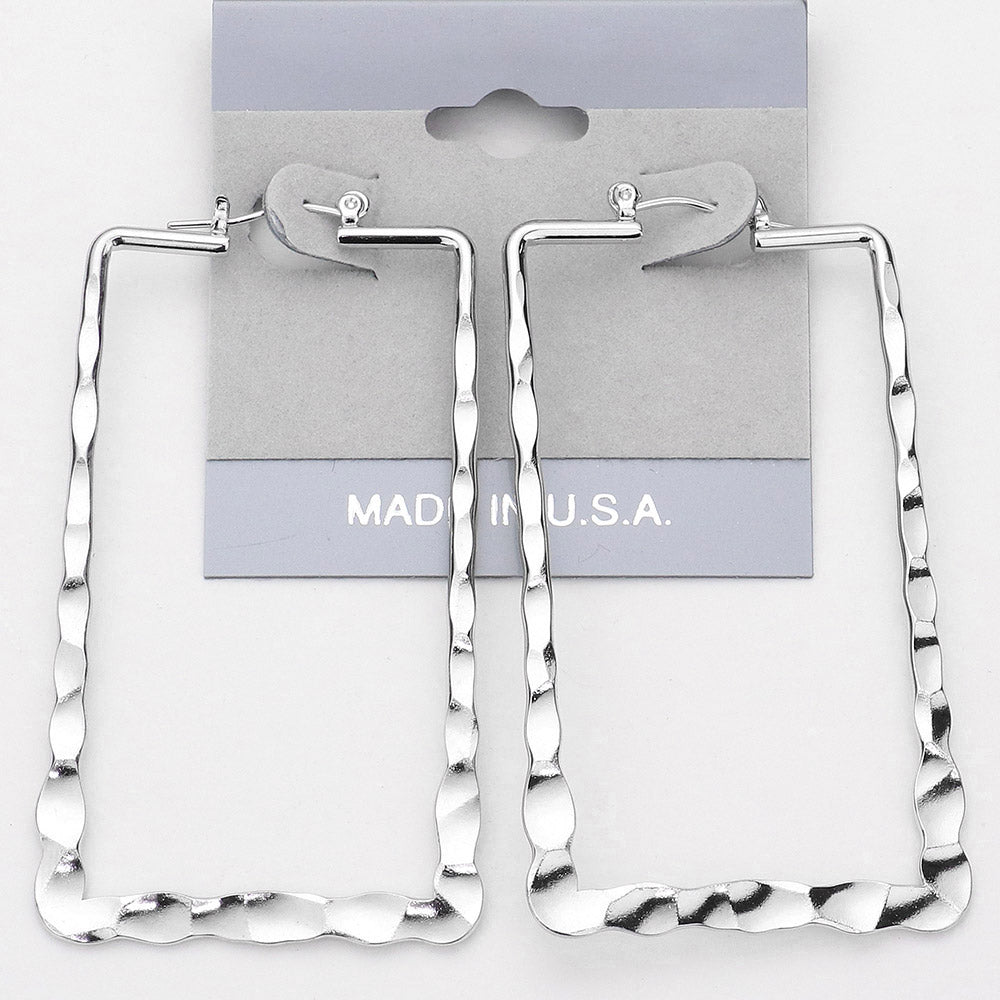Textured Metal Rectangle Pin Catch Hoop Earrings 1