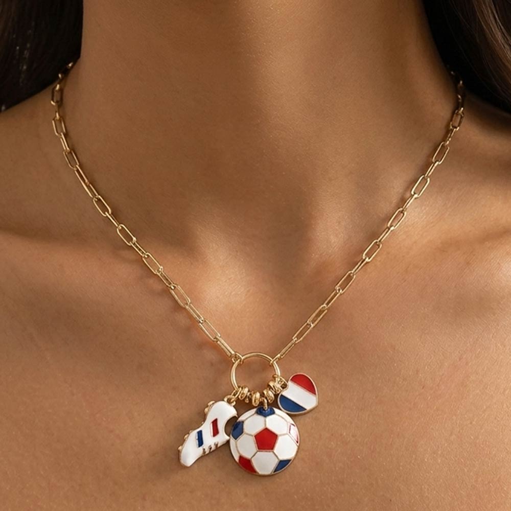 France Soccer Ball Shoe Heart Charm Toggle Pendant Paperclip Chain Necklace