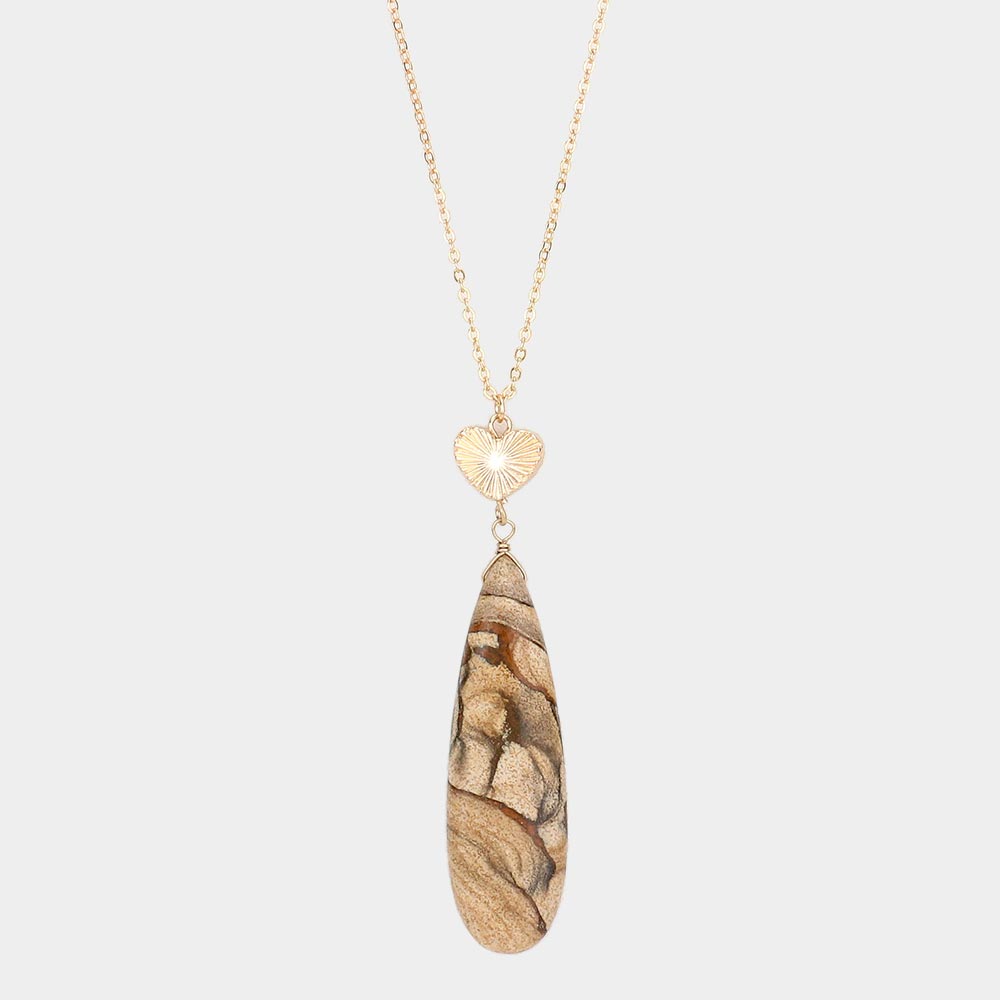 Metal Heart Teardrop Natural Stone Link Pendant Long Necklace 13