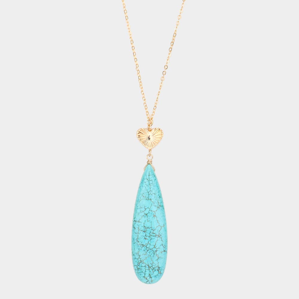 Metal Heart Teardrop Natural Stone Link Pendant Long Necklace 1