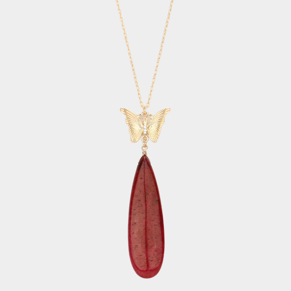 Butterfly Natural Stone Teardrop Link Pendant Long Necklace 1