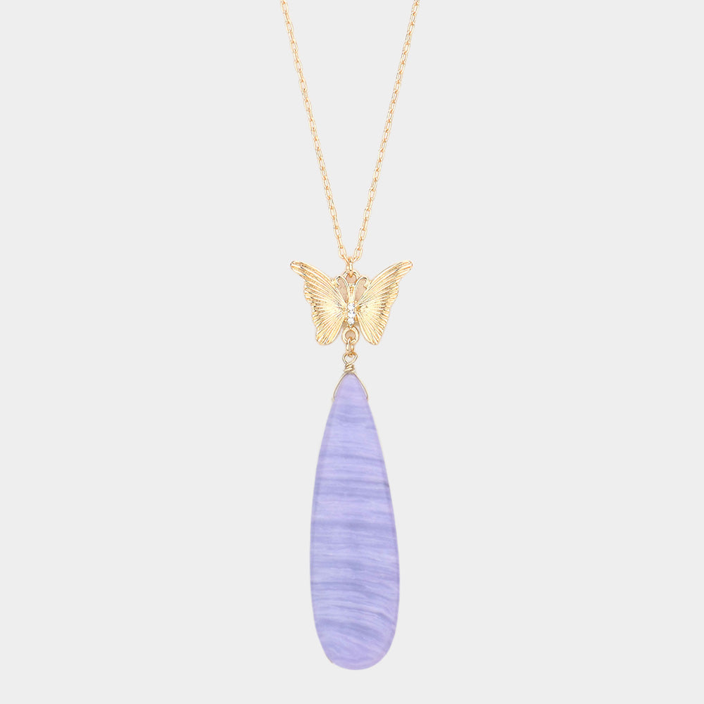 Butterfly Natural Stone Teardrop Link Pendant Long Necklace 12
