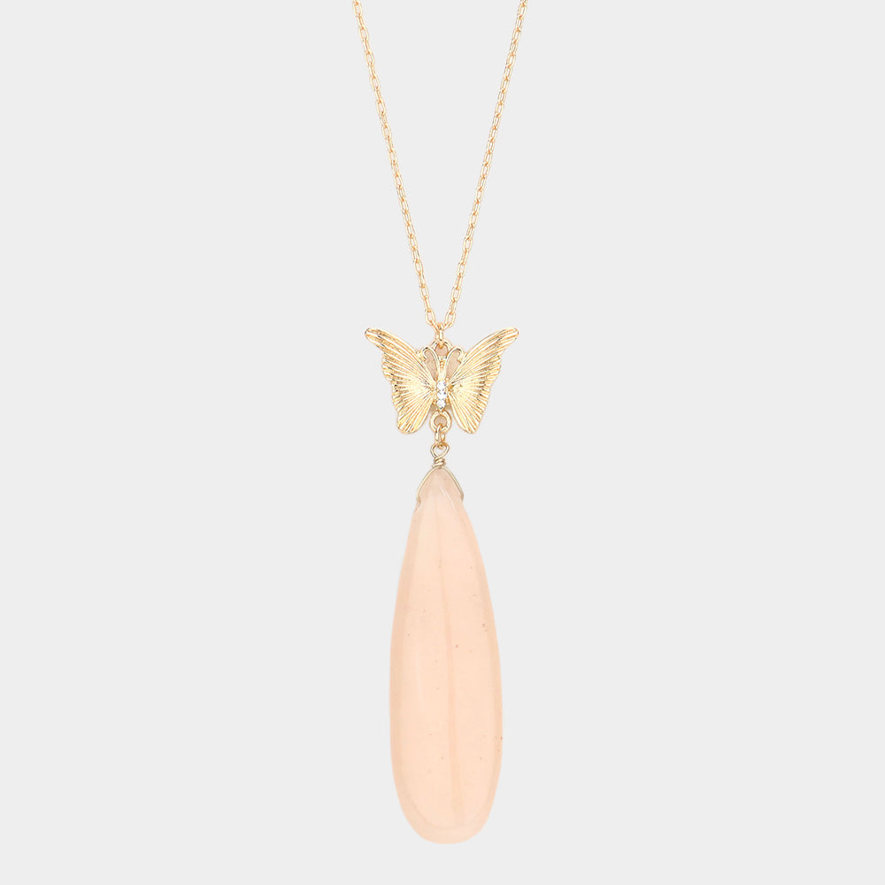 Butterfly Natural Stone Teardrop Link Pendant Long Necklace 3