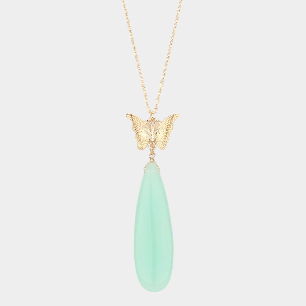 Butterfly Natural Stone Teardrop Link Pendant Long Necklace 8