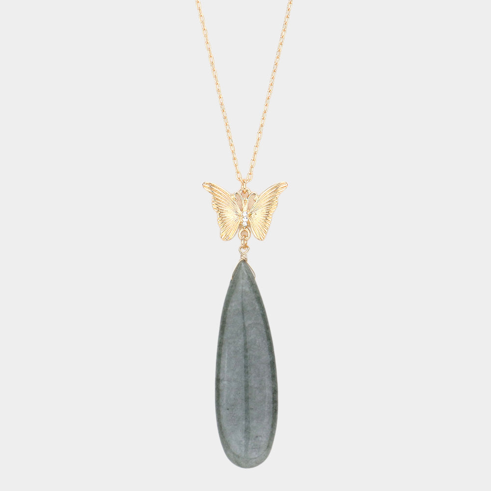 Butterfly Natural Stone Teardrop Link Pendant Long Necklace 5