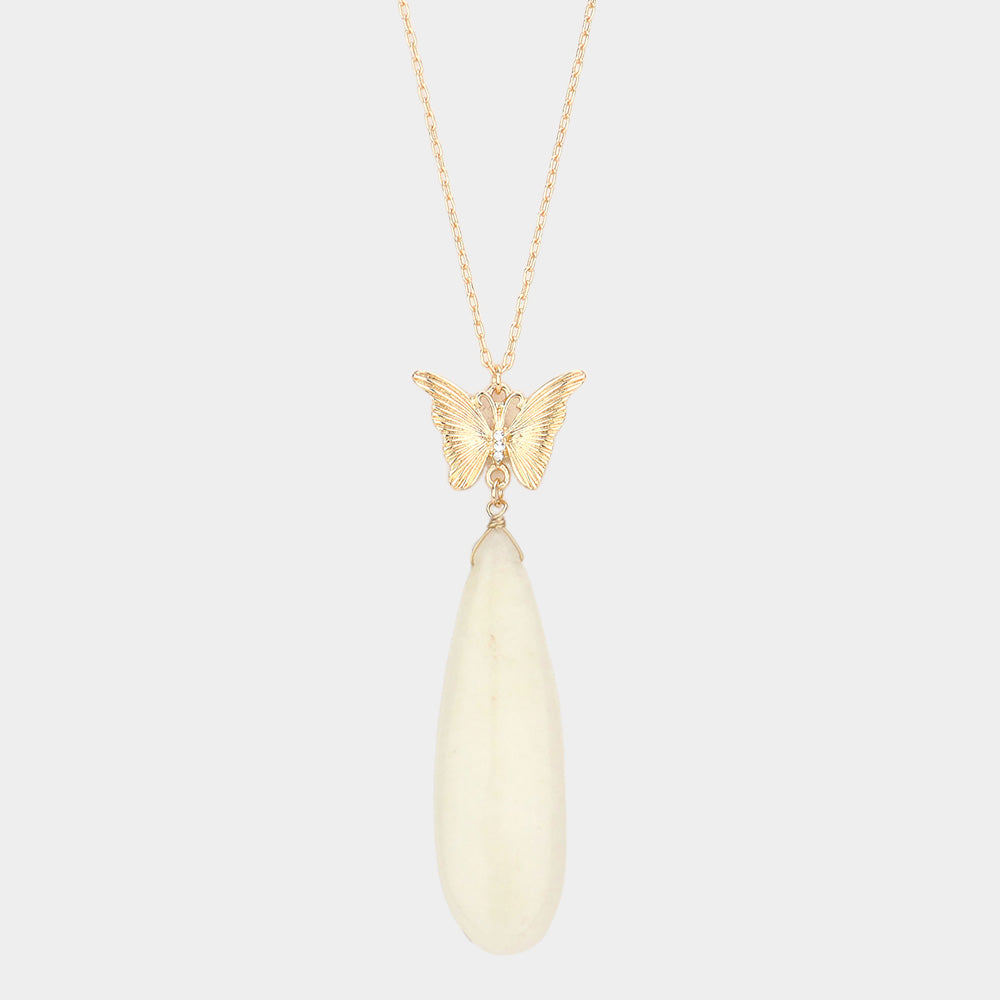 Butterfly Natural Stone Teardrop Link Pendant Long Necklace 6