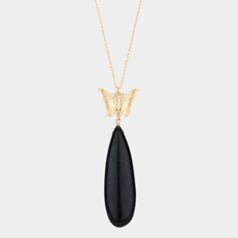 Butterfly Natural Stone Teardrop Link Pendant Long Necklace 7