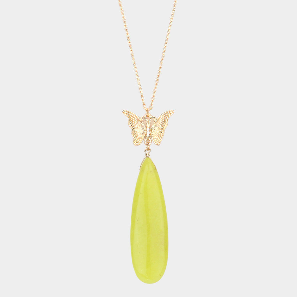 Butterfly Natural Stone Teardrop Link Pendant Long Necklace 2