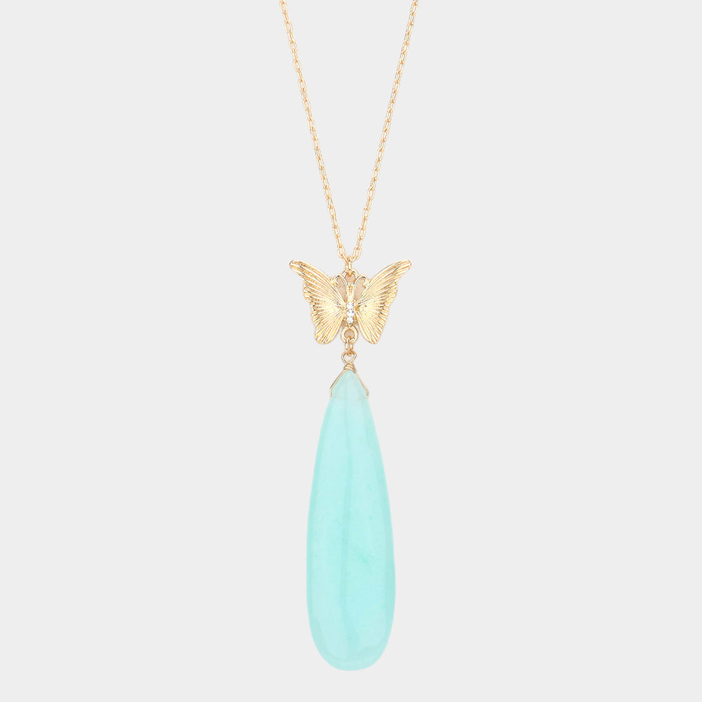 Butterfly Natural Stone Teardrop Link Pendant Long Necklace 4