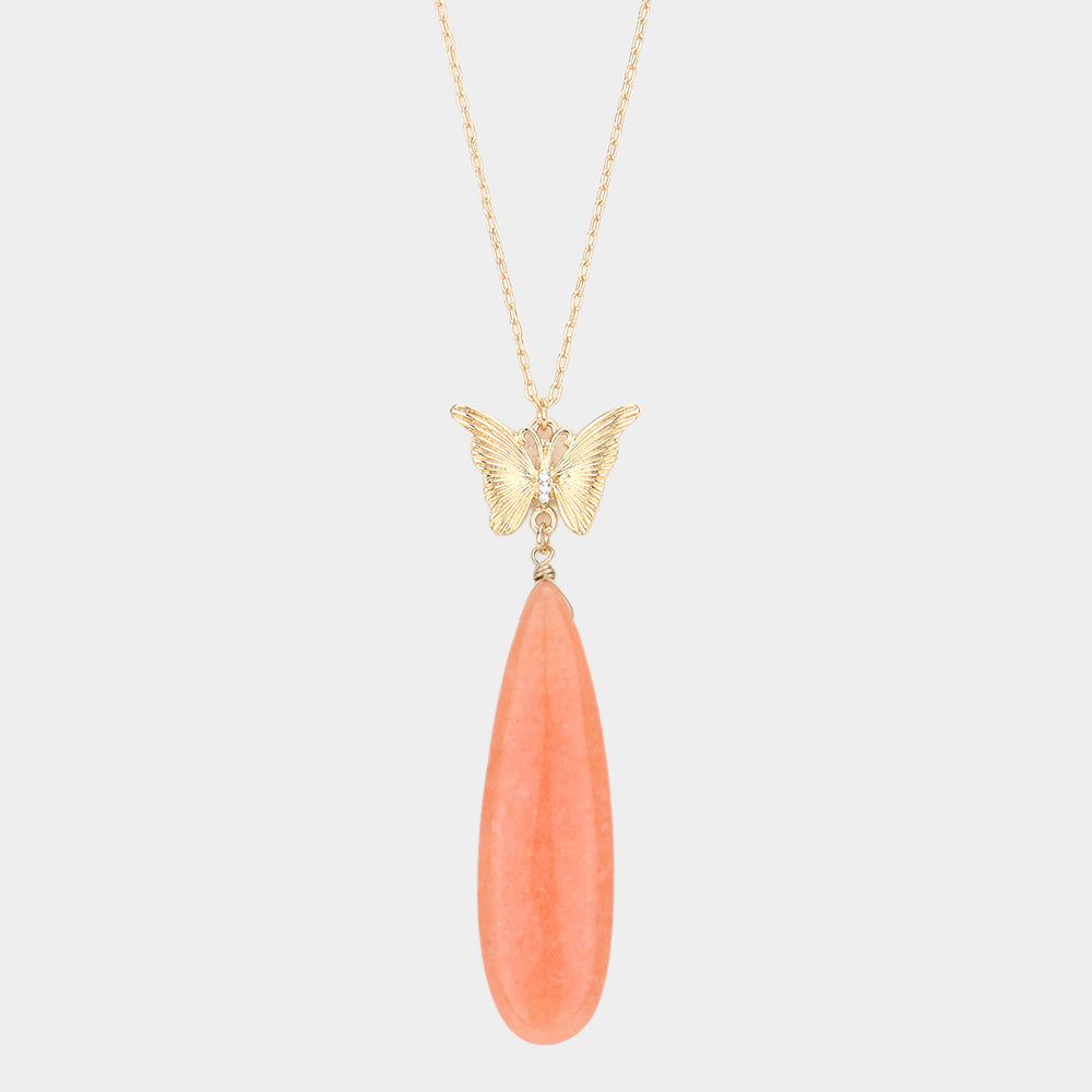 Butterfly Natural Stone Teardrop Link Pendant Long Necklace 9