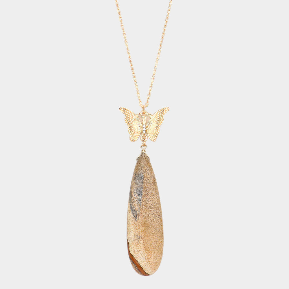 Butterfly Natural Stone Teardrop Link Pendant Long Necklace 11