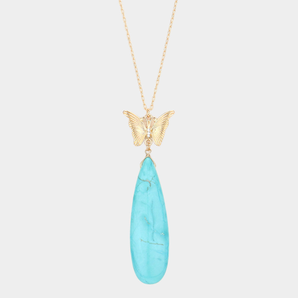 Butterfly Natural Stone Teardrop Link Pendant Long Necklace 10