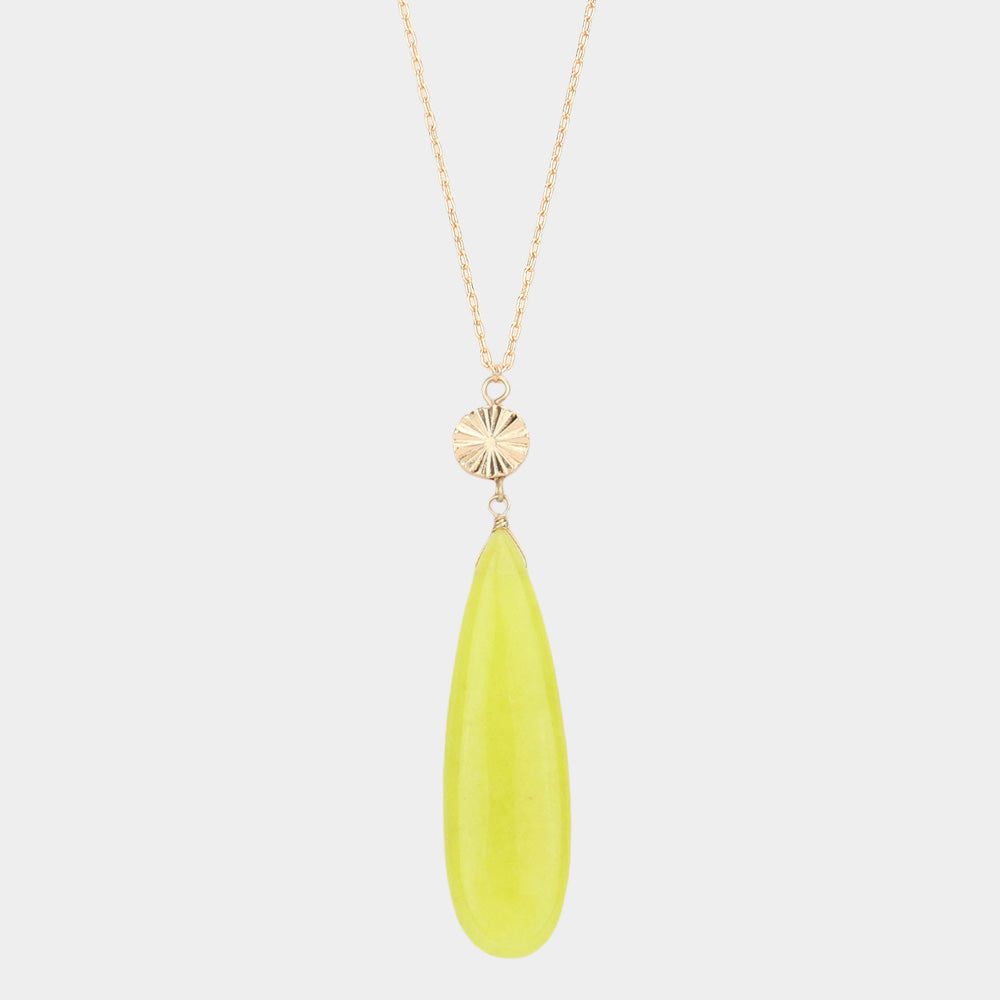Textured Metal Round Natural Stone Teardrop Link Pendant Long Necklace 1