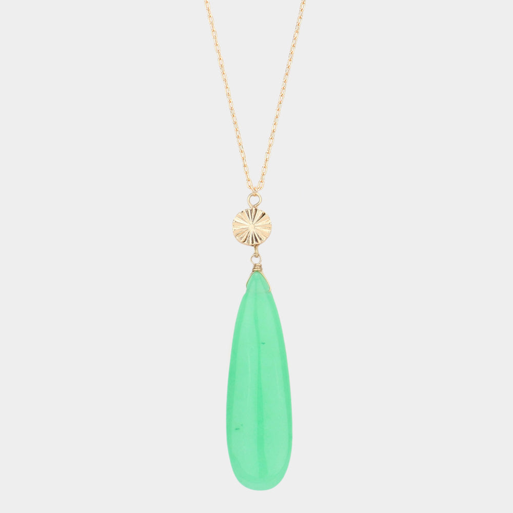 Textured Metal Round Natural Stone Teardrop Link Pendant Long Necklace 2