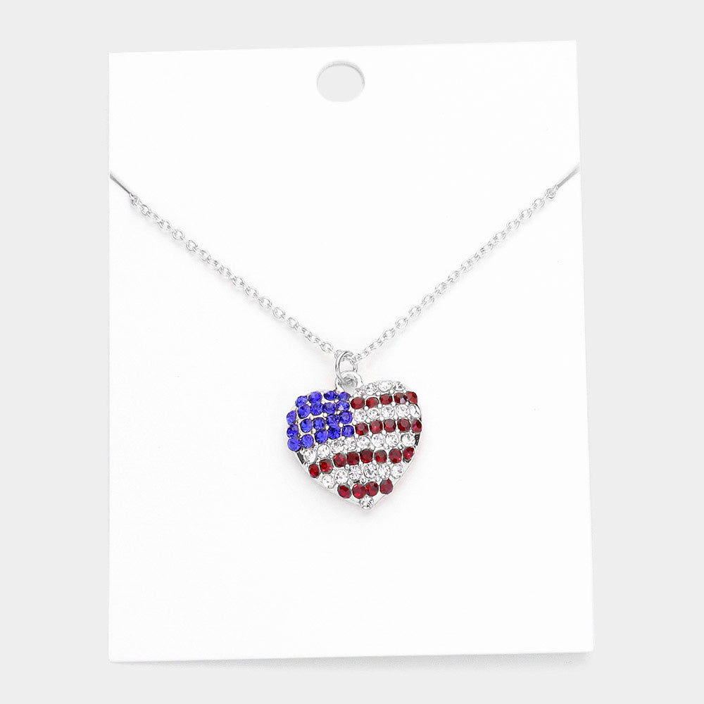 Rhinestone Embellished American USA Flag Heart Pendant Necklace