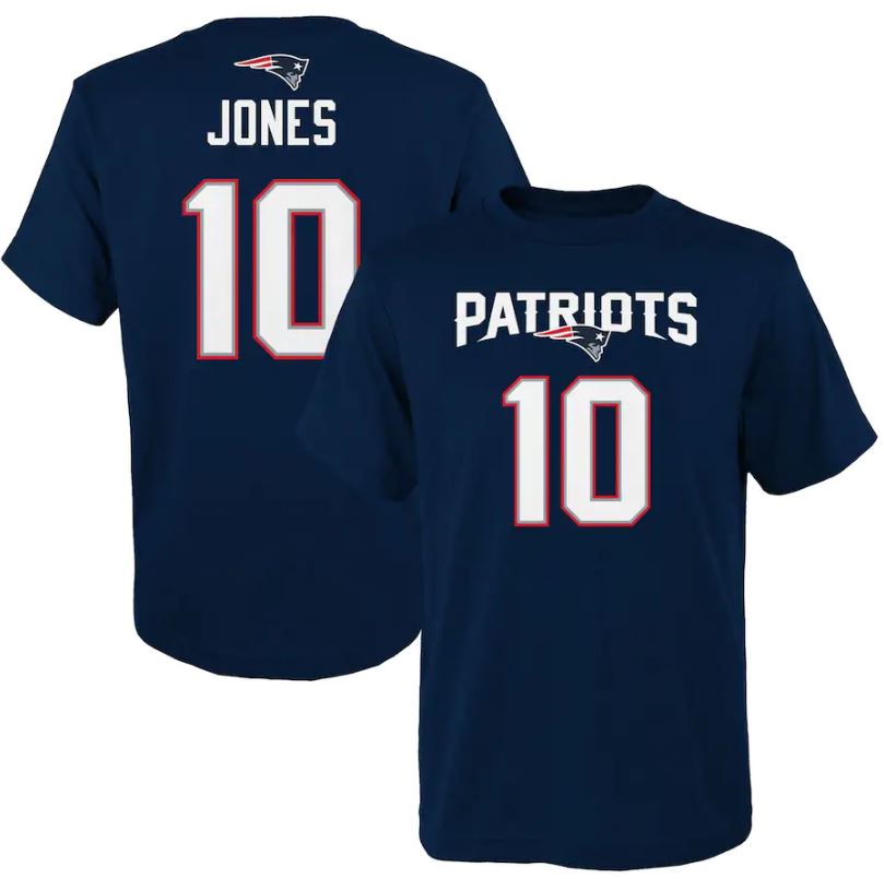 Mac Jones New England Patriots Youth Mainliner Player Name & Number T-Shirt - Navy 1
