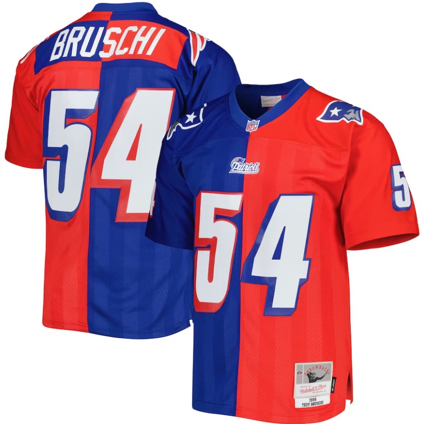 Tedy Bruschi New England Patriots Mitchell & Ness Royal/Red 1996 Split Legacy Jersey 1