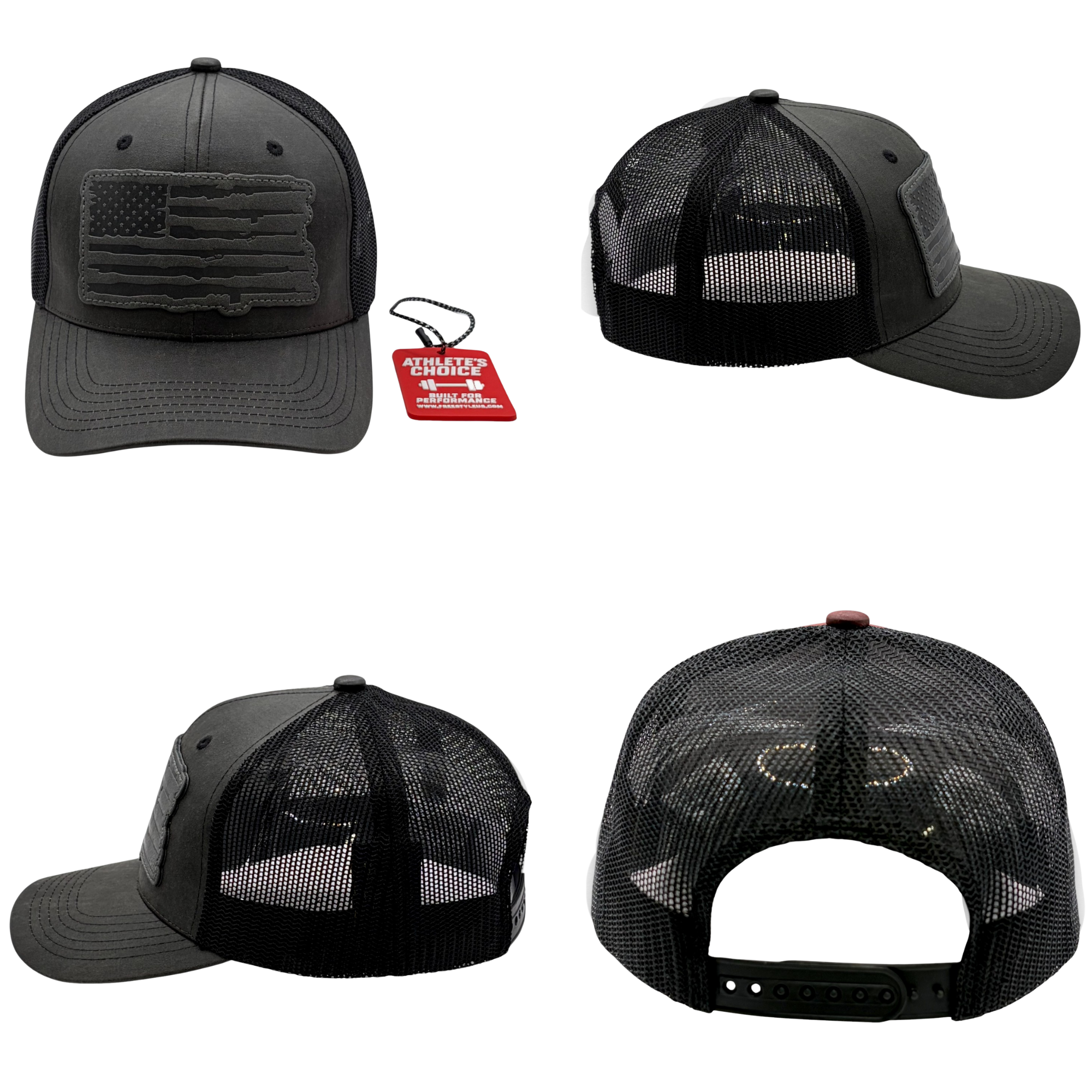 Performance USA Flag Leather Patch Trucker Hat | Snapback, Structured Mesh Back