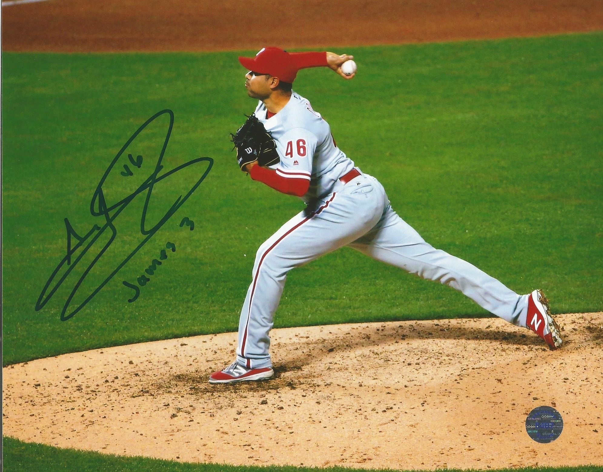 Jeanmar Gomez in Action Autographed Philadelphia Phillies Baseball Photo 1