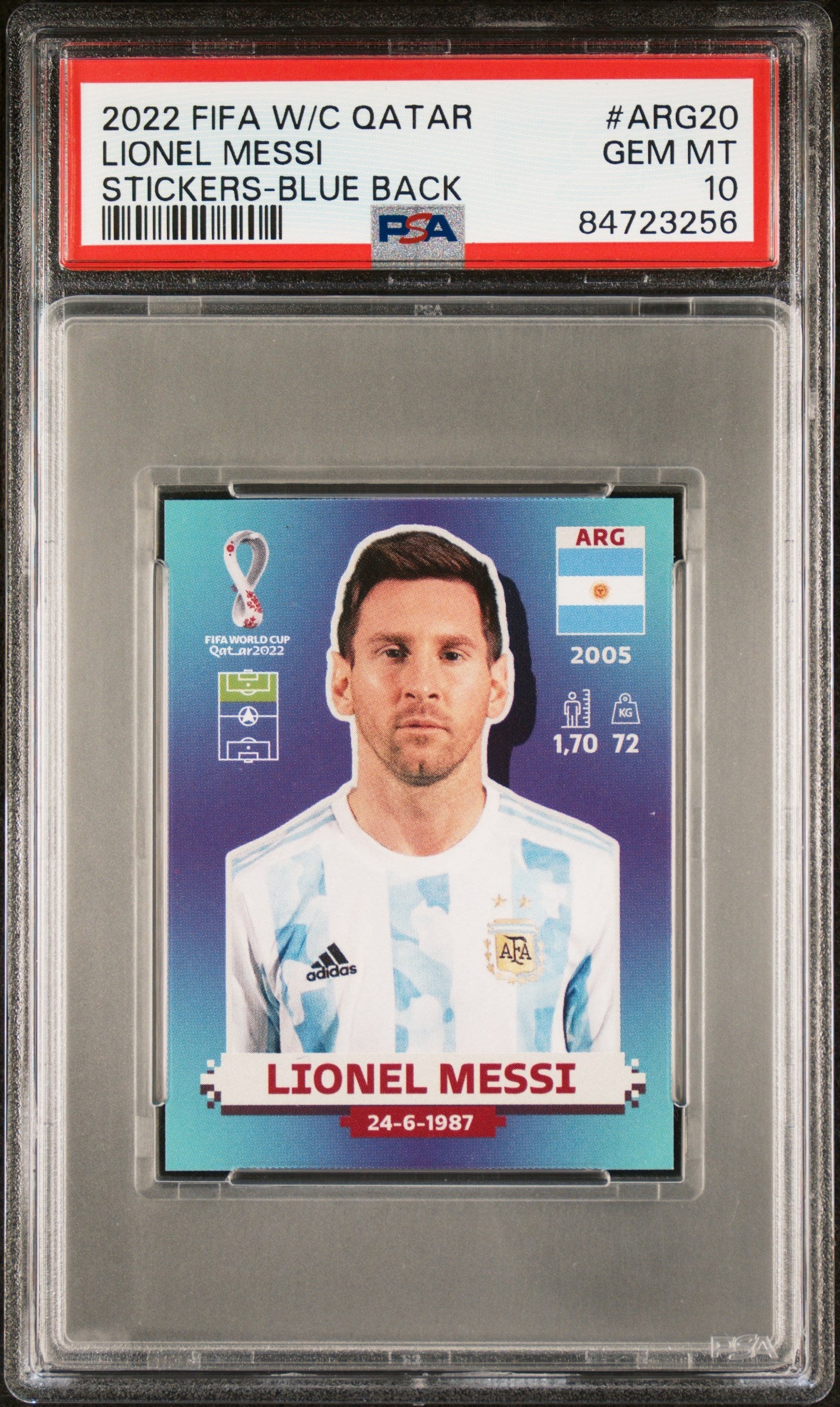Graded 2022 Panini World Cup Qatar Lionel Messi #ARG20 Stickers Blue Back Soccer Card PSA 10 Gem Mint 1