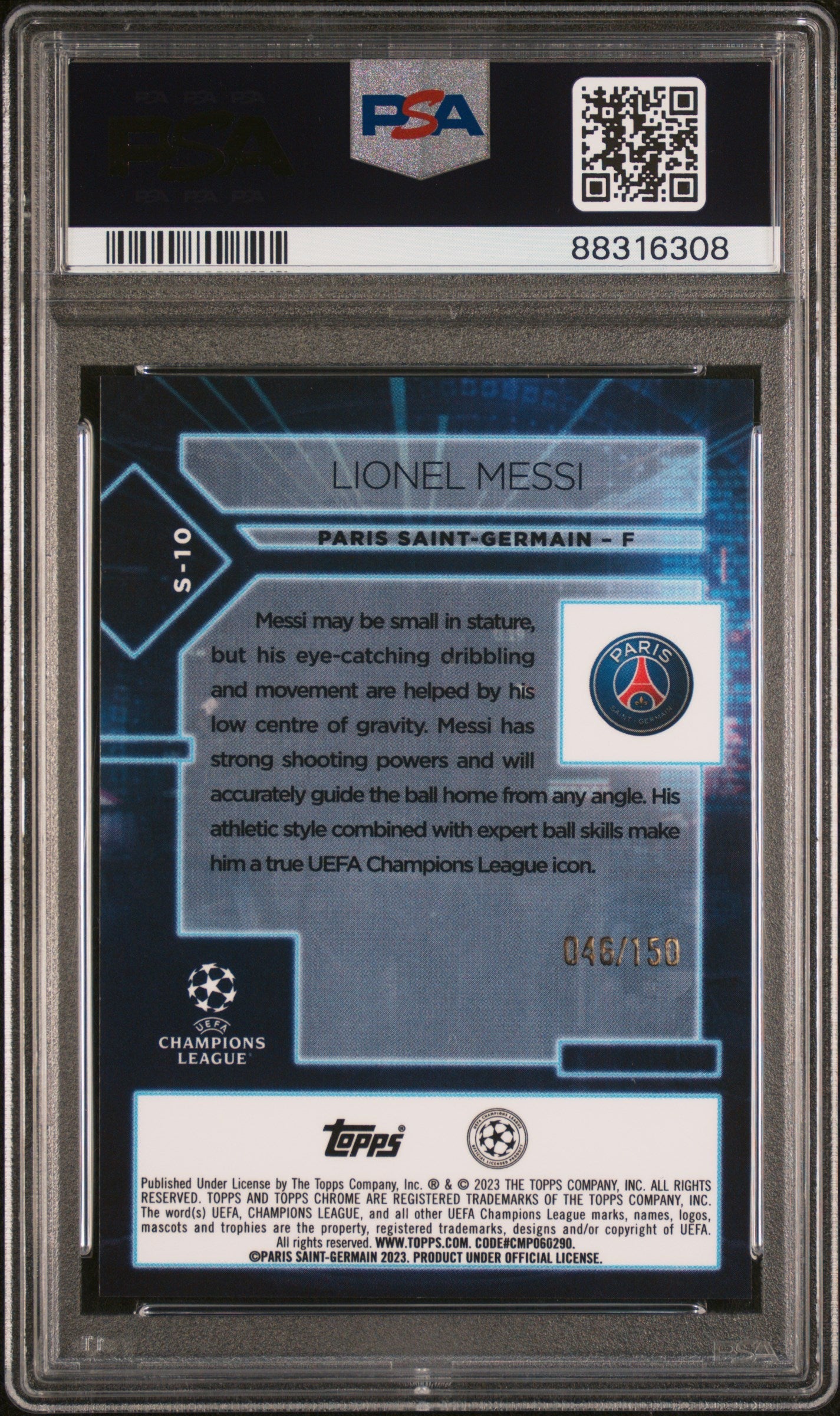 Graded 2022 Topps Chrome UCC Lionel Messi #S10 Blue Refractor #/150 Soccer Card PSA 10 Gem Mint 2