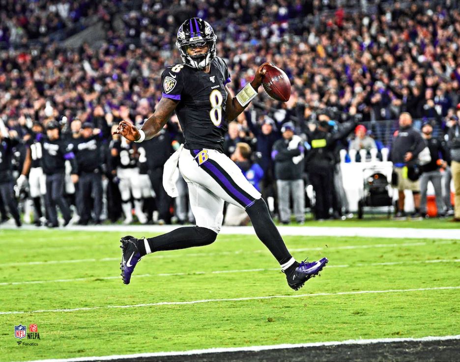 Lamar Jackson High-Stepping Touchdown Baltimore Ravens 8" x 10" Football Photo 1