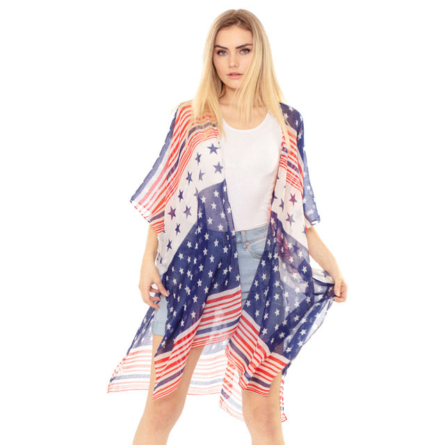 Multi Striped American USA Flag Kimono Poncho Cover Up