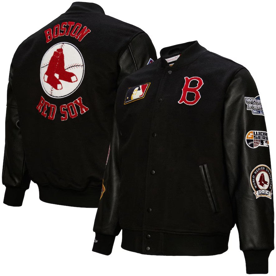 Boston Red Sox Mitchell & Ness Black Blackout Collection Full-Snap Varsity Jacket 1
