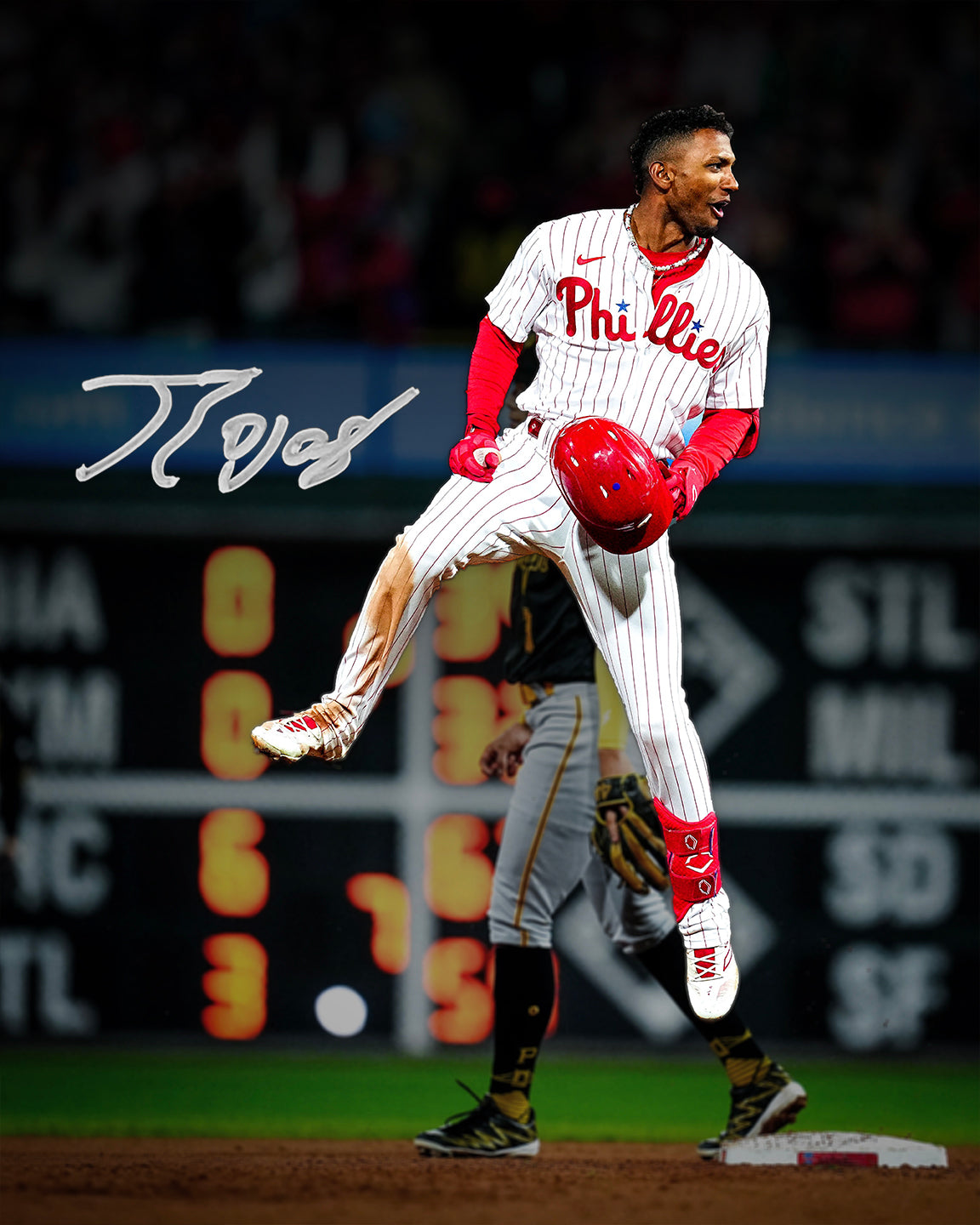 Johan Rojas Jumping on Base Philadelphia Phillies Autographed 8" x 10" Baseball Photo 2