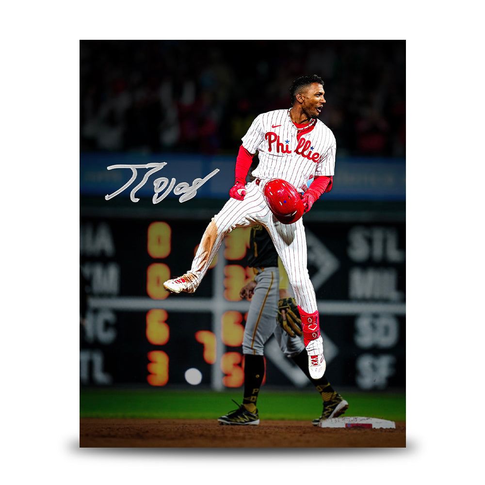 Johan Rojas Jumping on Base Philadelphia Phillies Autographed 11" x 14" Baseball Photo 1