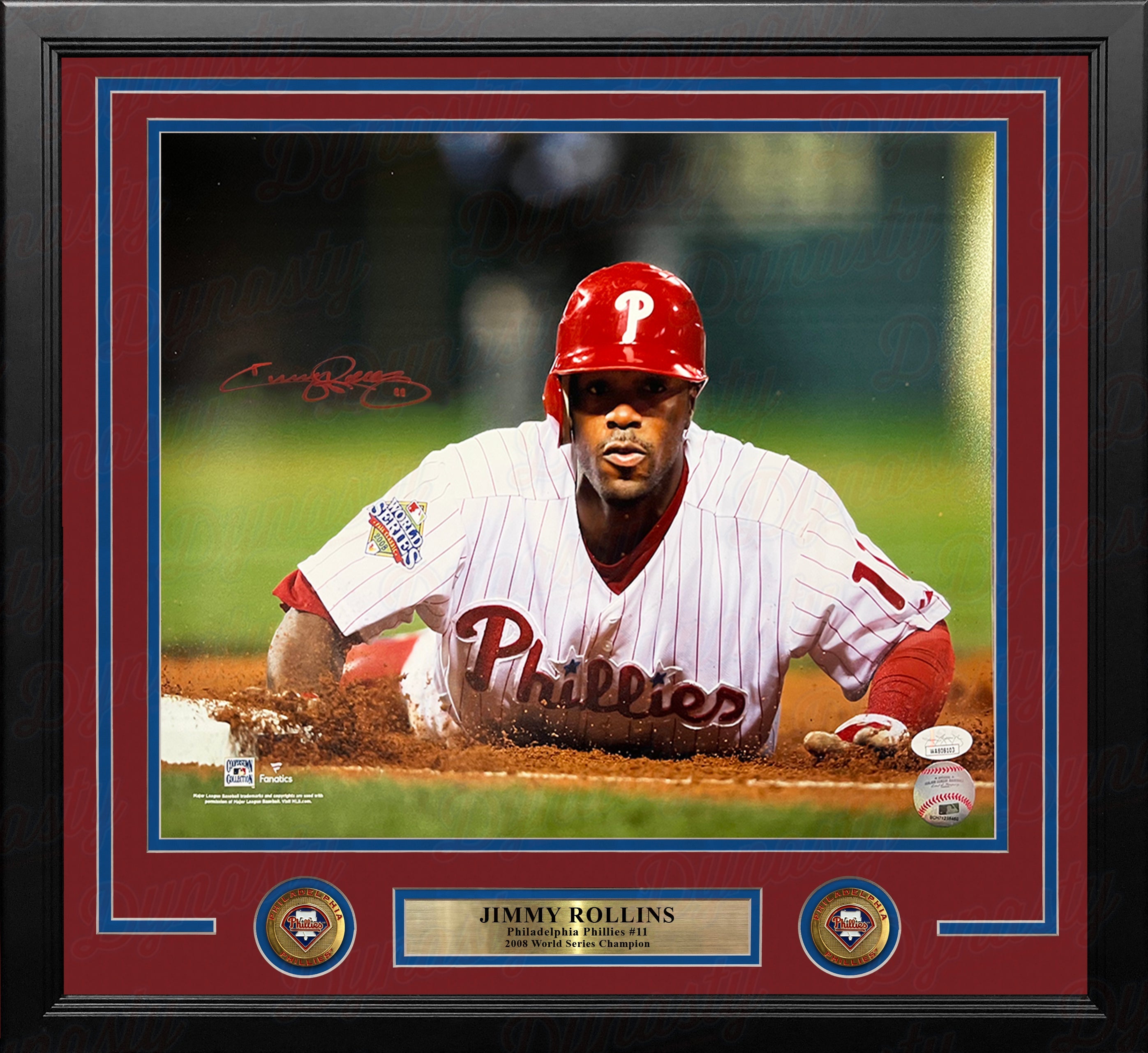 Jimmy Rollins 2008 World Series Slide Autographed Philadelphia Phillies 16x20 Framed Baseball Photo 1