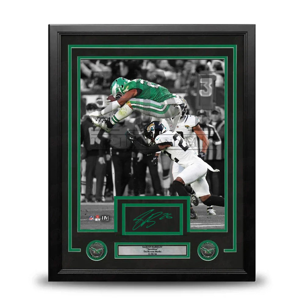 Saquon Barkley Reverse Hurdle Philadelphia Eagles Autographed 11x14 Framed Photo with Cut Signature 1