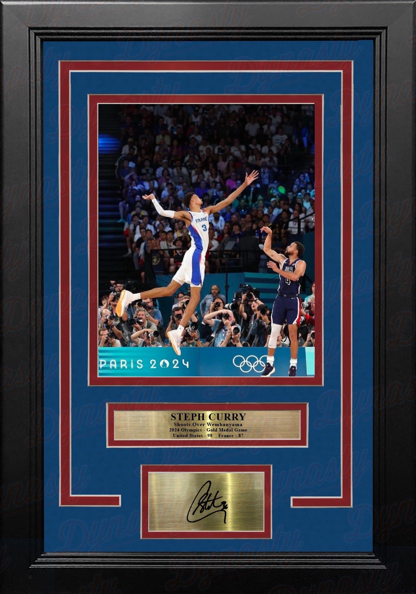 Steph Curry Shoots Over Wembanyama 8" x 10" Framed Olympics Basketball Photo with Engraved Autograph 1