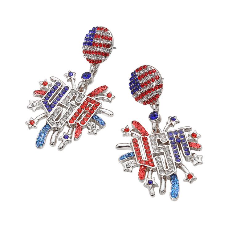 Stone Paved American USA Flag Accent Enamel USA Message Firework Dangle Earrings