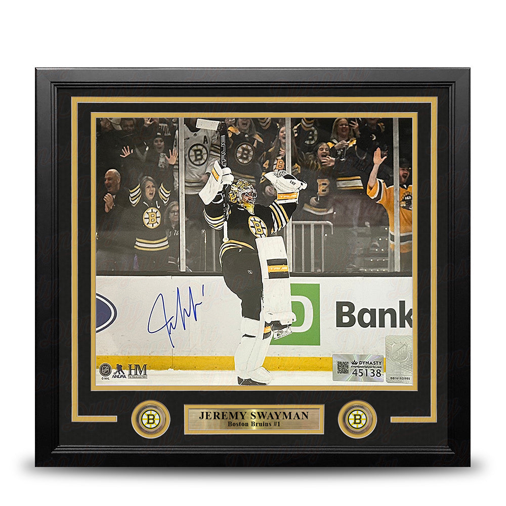 Jeremy Swayman Celebration Boston Bruins Autographed 16" x 20" Framed Hockey Photo 1