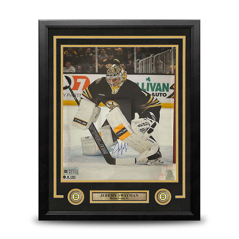 Jeremy Swayman in Goal Boston Bruins Autographed 11" x 14" Framed Hockey Photo 1