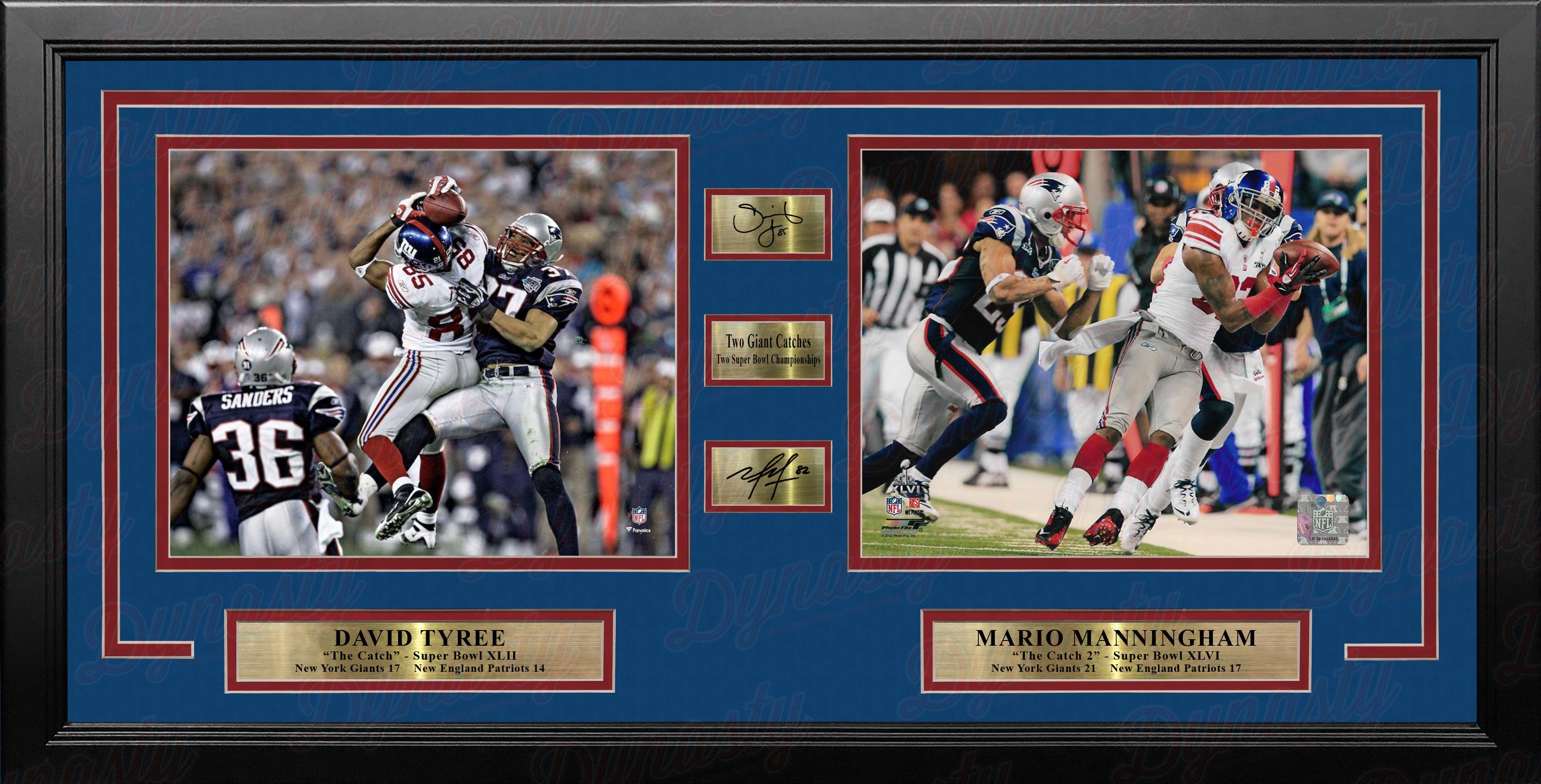 David Tyree & Mario Manningham Super Bowl Catches NY Giants 8x10 Framed Landscape Photos with Engraved Autographs 1