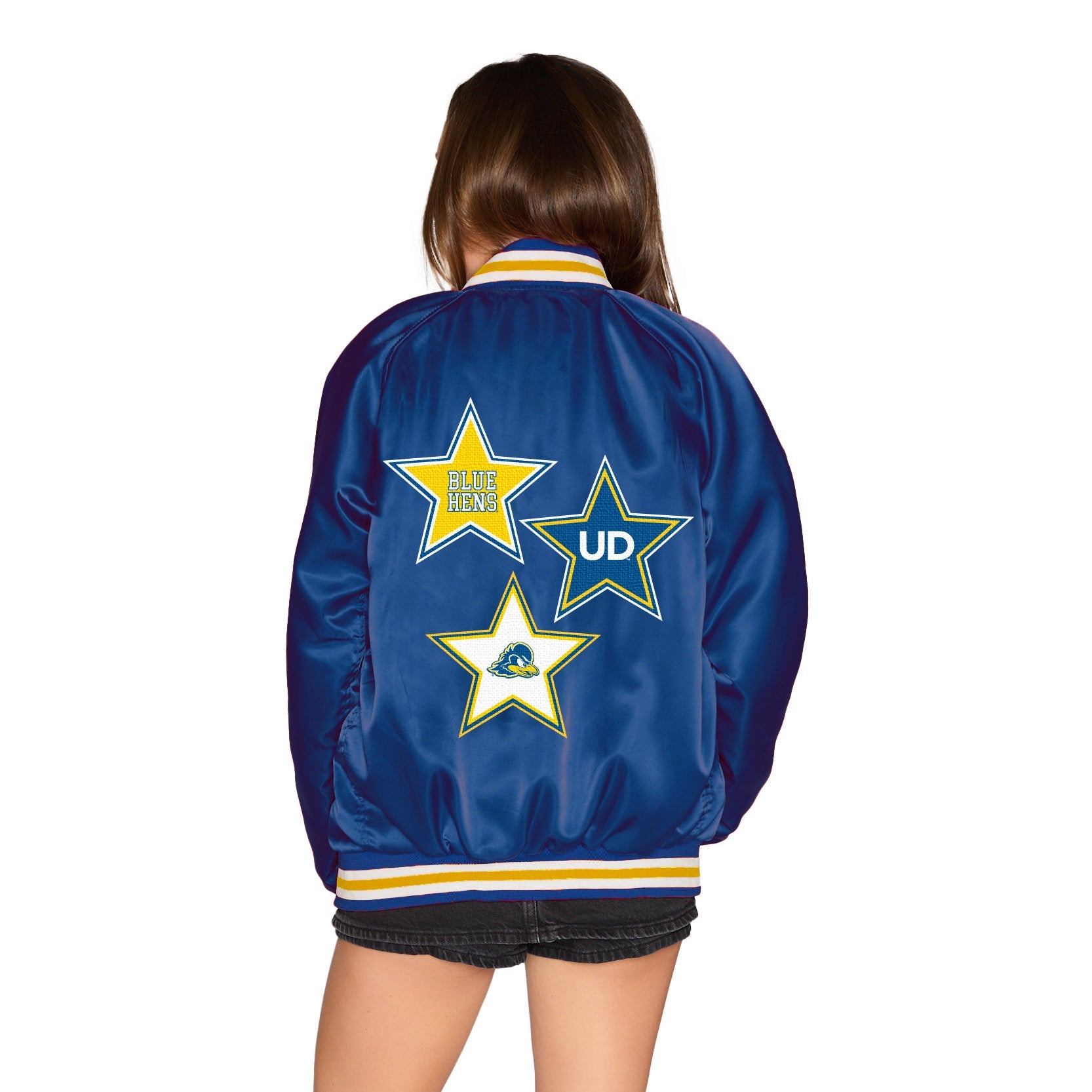 Delaware Blue Hens Satin Letterman Bomber Jacket | lojobands
