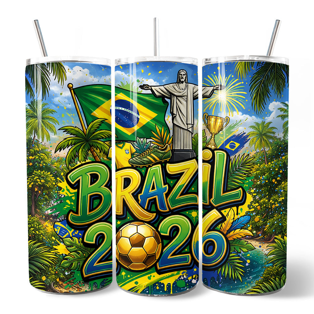 Brazil 2026 Soccer Cup Global Championship 20oz Tumbler With Lid and Stainless Steel Straw, Fans Football Gift Cup 7