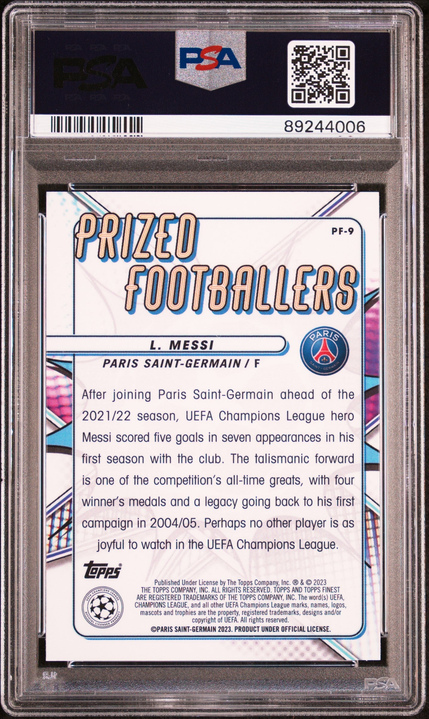Graded 2022 Topps Finest UCC Lionel Messi #PF9 Prized Footballers Soccer Card PSA 10 Gem Mint 2