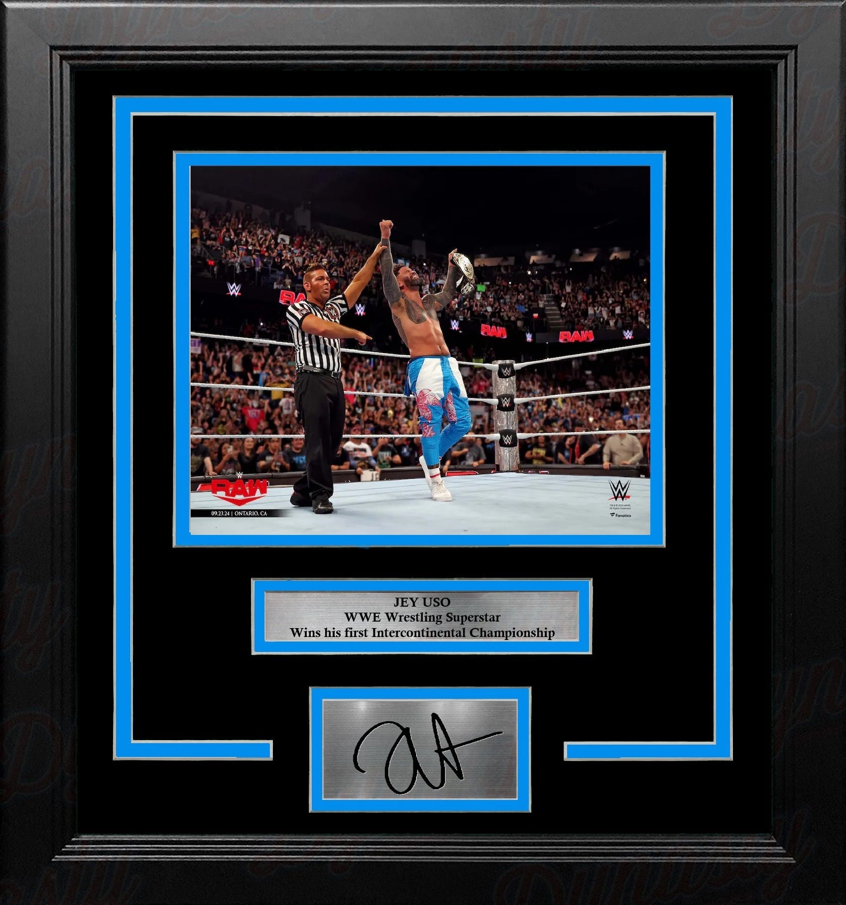 Jey Uso Wins the Intercontinental Championship 8x10 Framed Wrestling Photo with Engraved Autograph 1