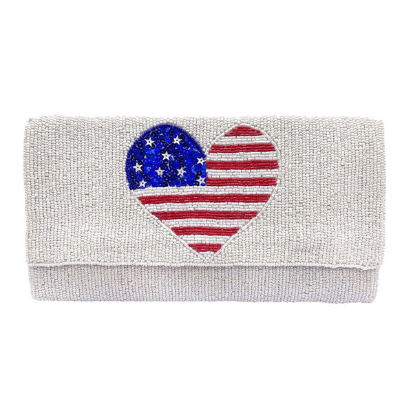 American USA Flag Heart Seed Beaded Clutch Crossbody Bag 7