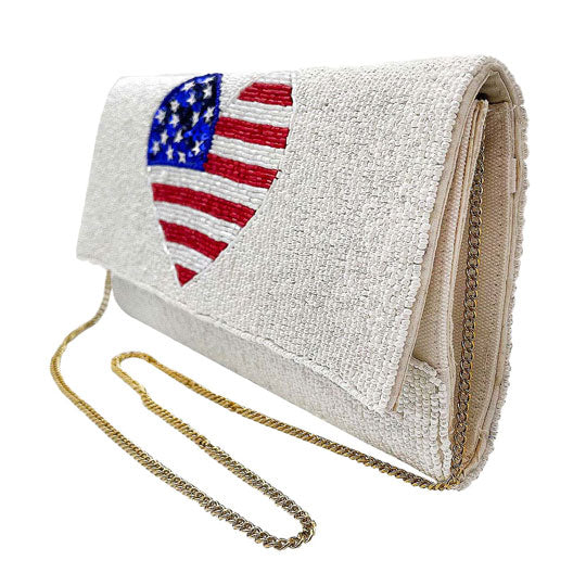 American USA Flag Heart Seed Beaded Clutch Crossbody Bag 8