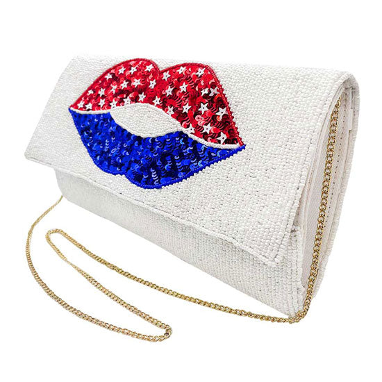 American USA Flag Lips Seed Beaded Clutch Crossbody Bag 3