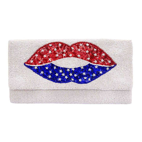 American USA Flag Lips Seed Beaded Clutch Crossbody Bag 6