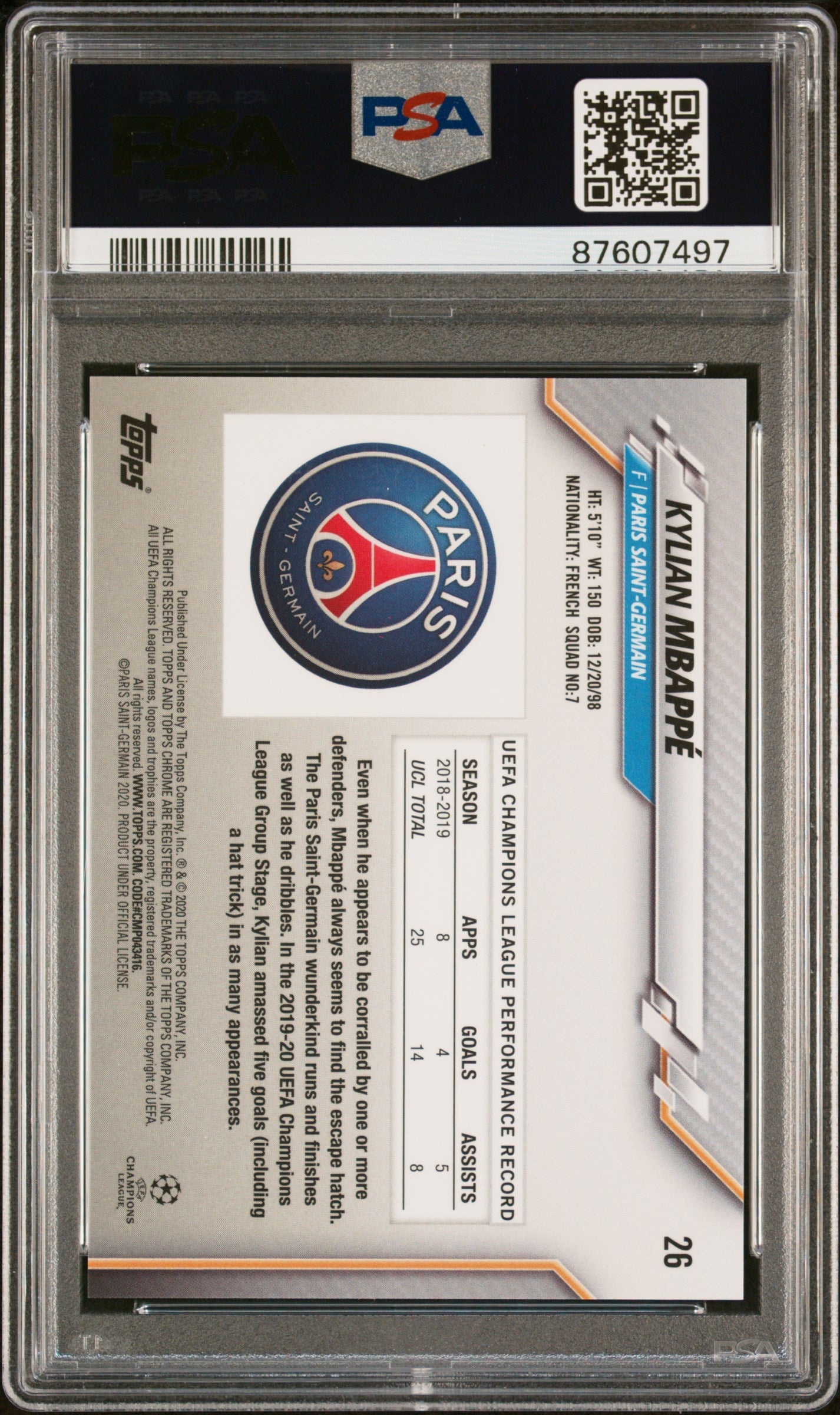 Graded 2019 Topps Chrome UCL Kylian Mbappe #26 Sapphire Edition Soccer Card PSA 10 Gem Mint 2