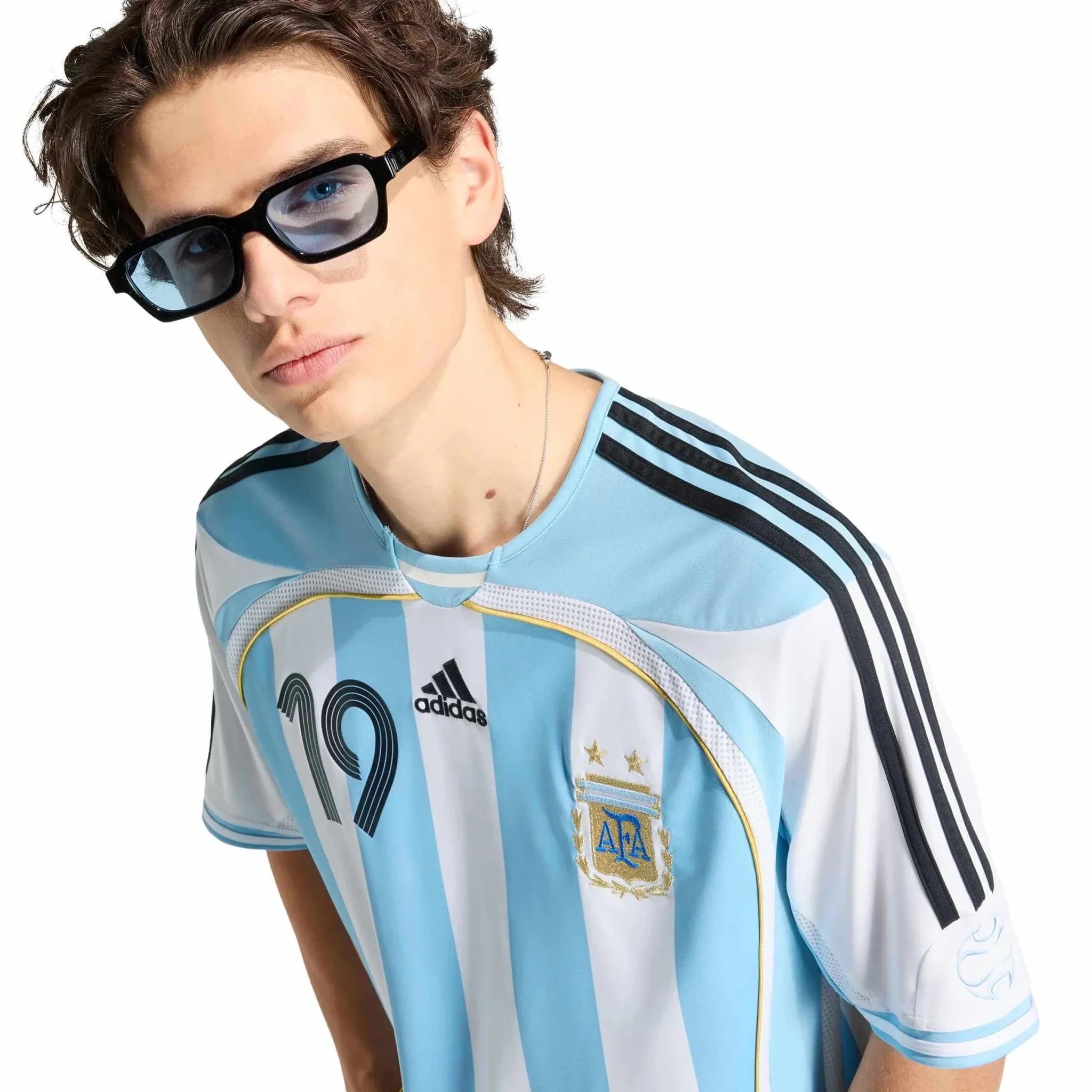 adidas 2006 Argentina Men's Retro Stadium Home Messi #19 Soccer Jersey 5