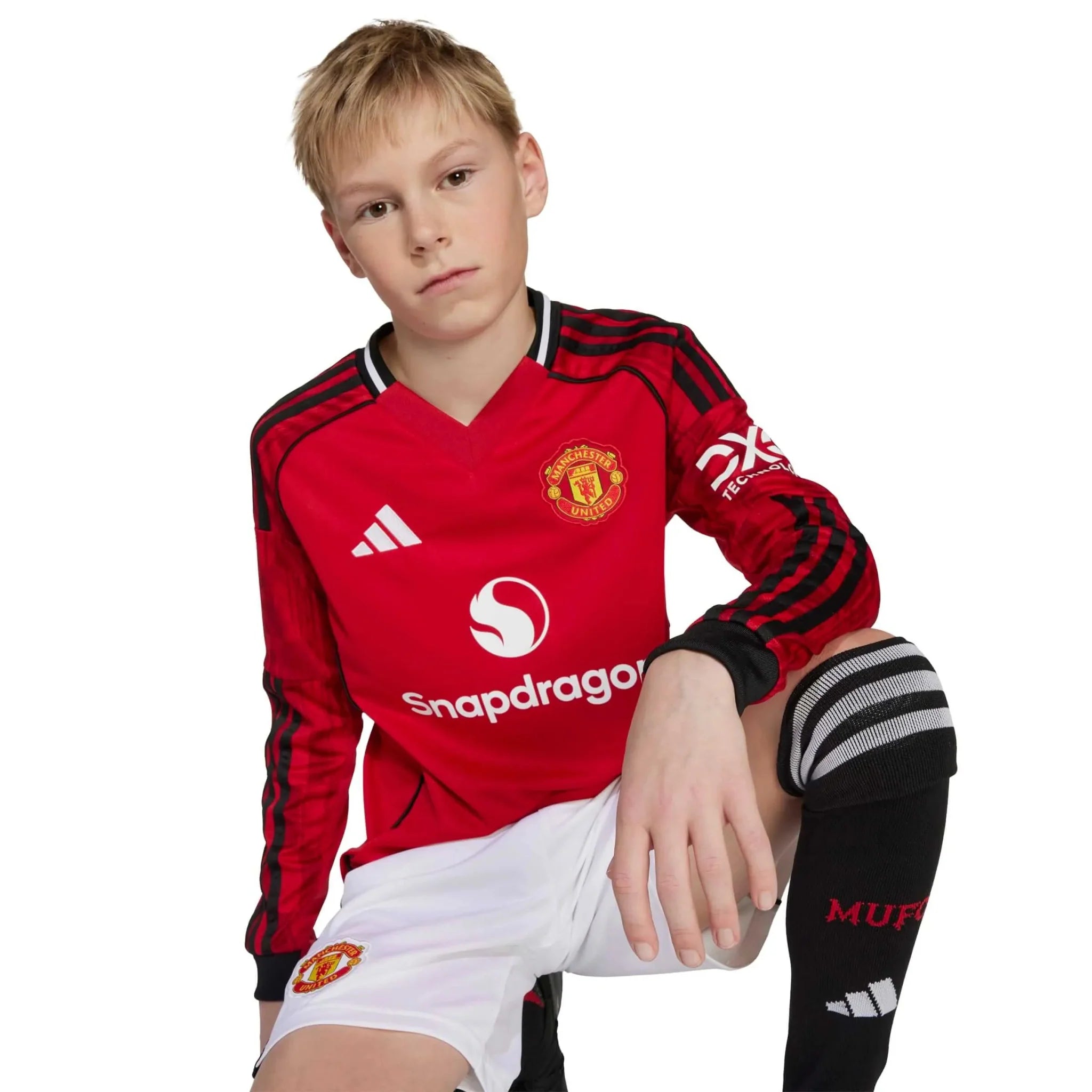 adidas 2025-26 Manchester United Youth Stadium Home Long-Sleeve Soccer Jersey 3