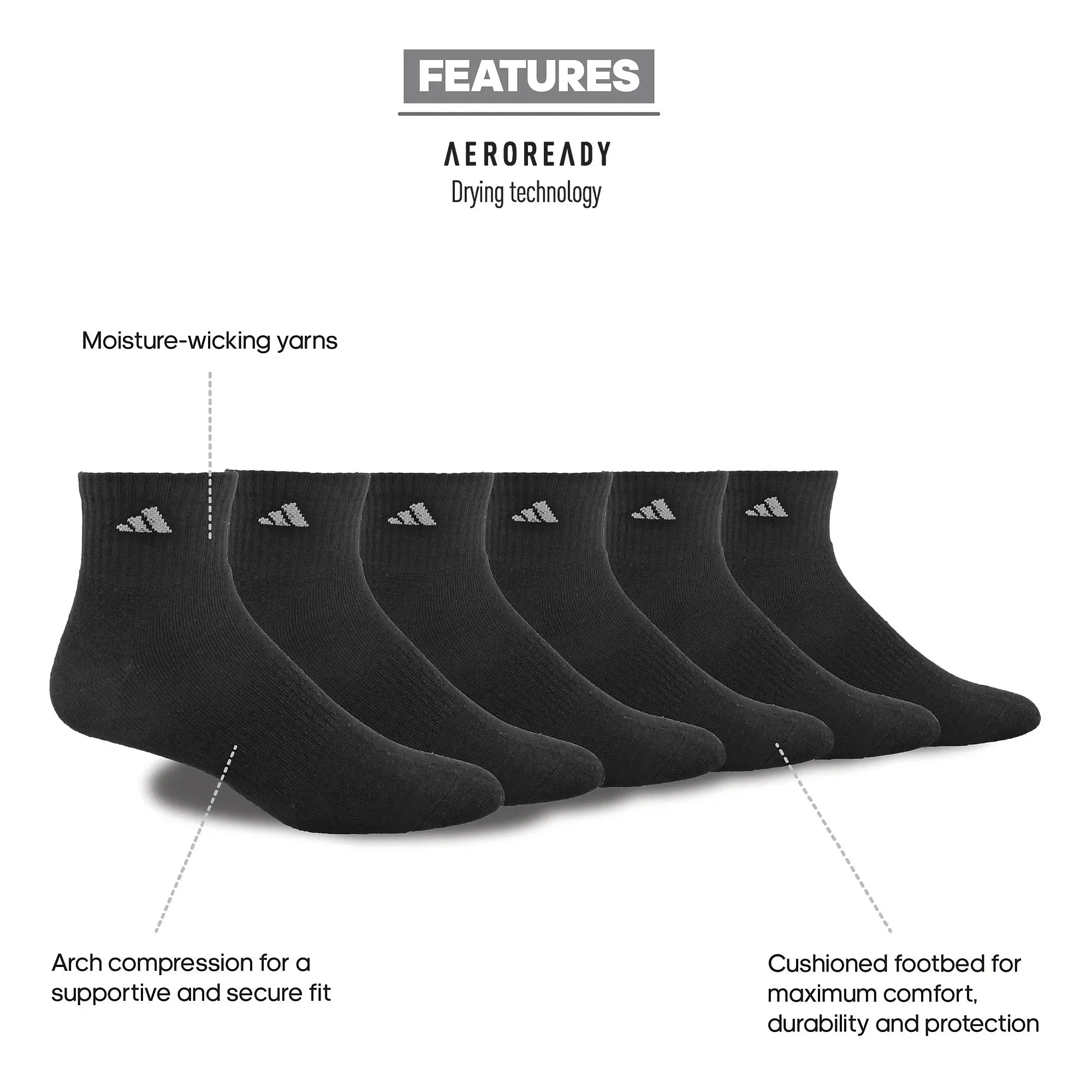 adidas Men's Athletic Cushioned 6-Pack Quarter Socks 9
