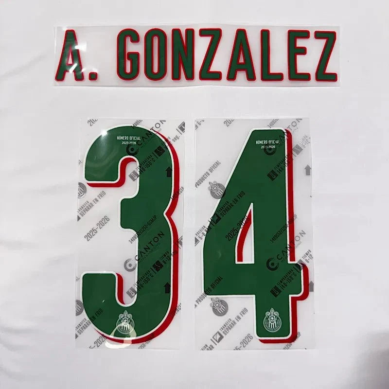 Chivas 2025/26 Away A. GONZALEZ #34 Official Name Set 1